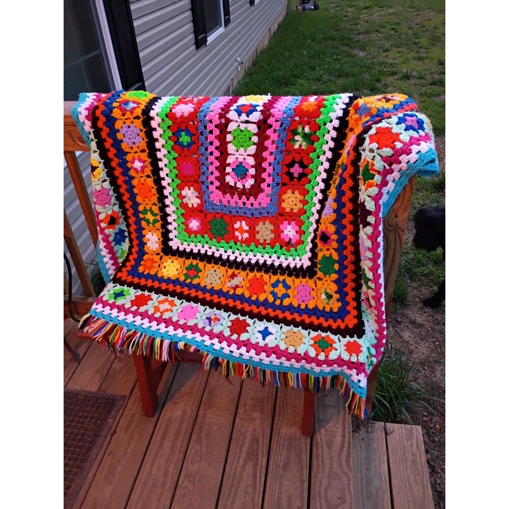 Handmade Crochet Granny Quilt Afghan Approx 71”x 52” Vibrant Multi Color +Fringe